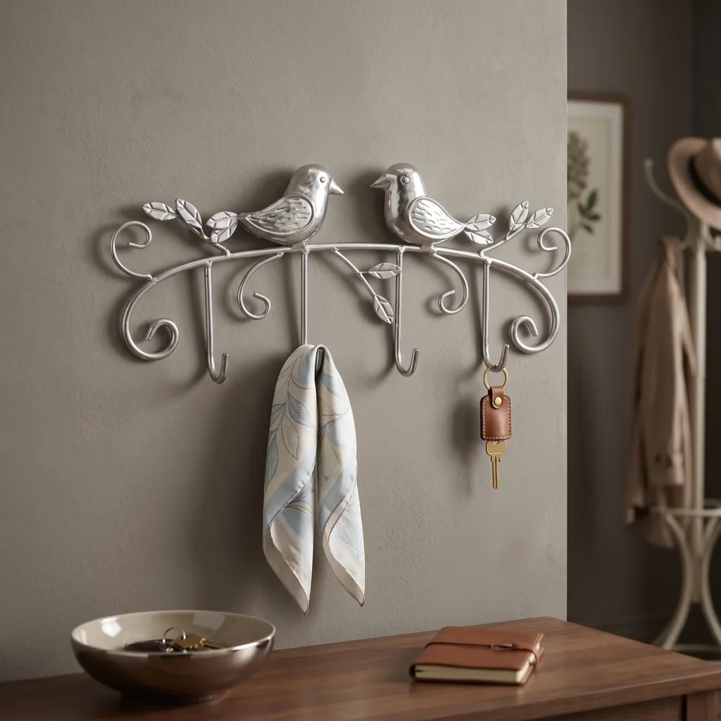 Silver two bird wall key hook for entryway decor