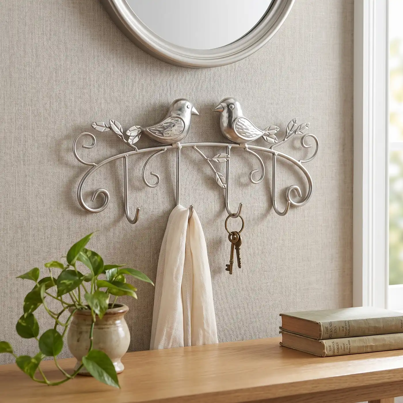 Silver Two Bird Wall Key Hook for Entryway Decor - Image 2