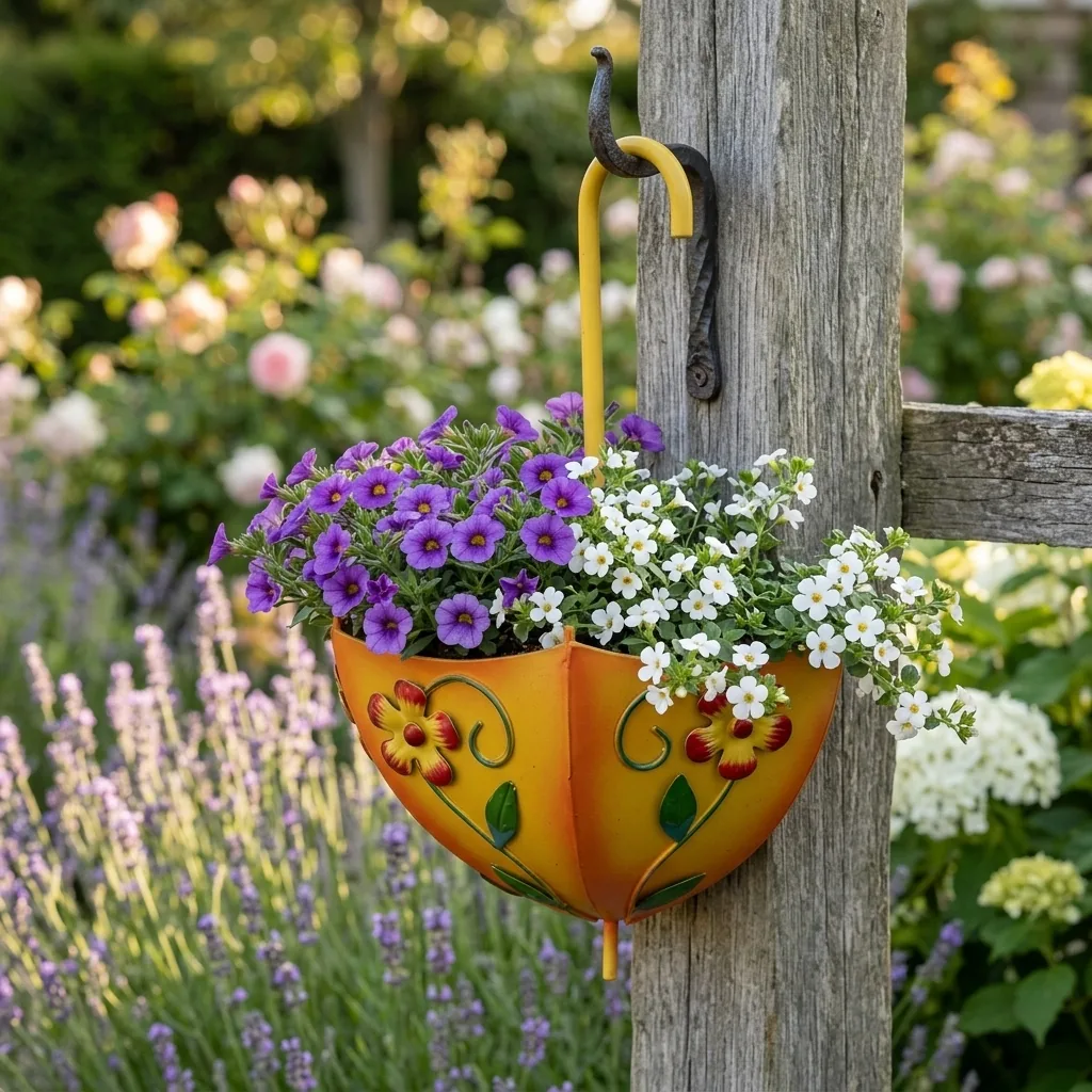 Yellow umbrella wall planter with floral design