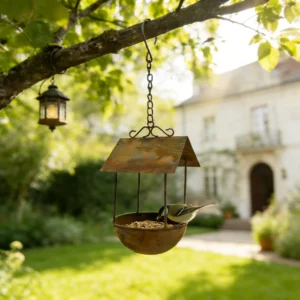 Rustic hanging bird feeder house for garden birds