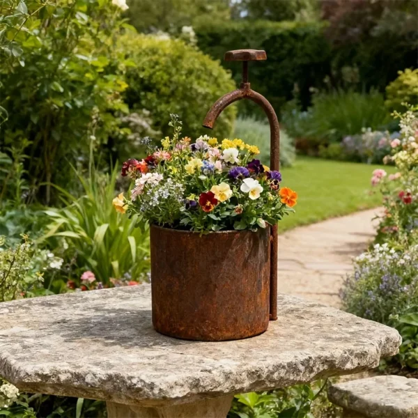 Rustic faucet shaped planter for garden flowers