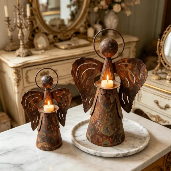 04_angel-candle-holder The Angel Candle Holder — Rust-Finish Iron Tabletop Decor — iron finish and product detail