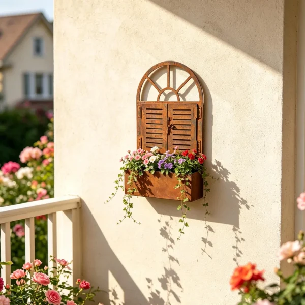 Rustic arched window wall planter for flowers
