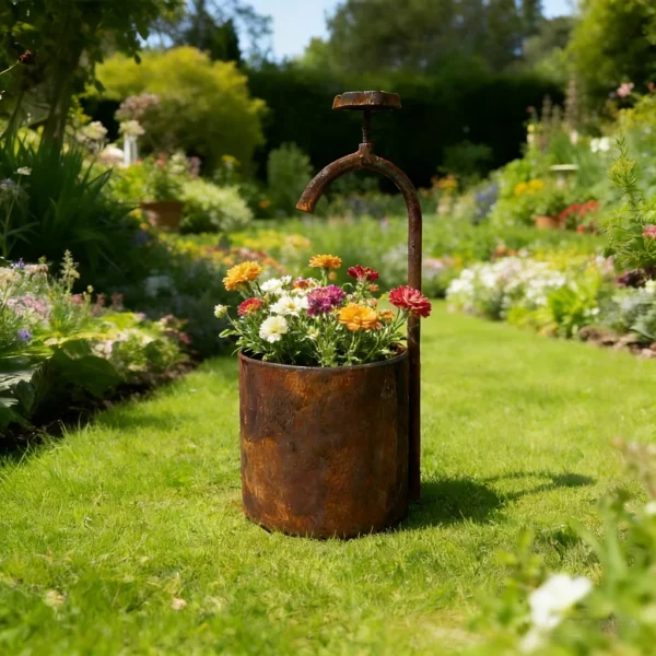 Rustic faucet shaped planter for garden flowers