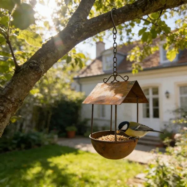 Rustic hanging bird feeder house for garden birds