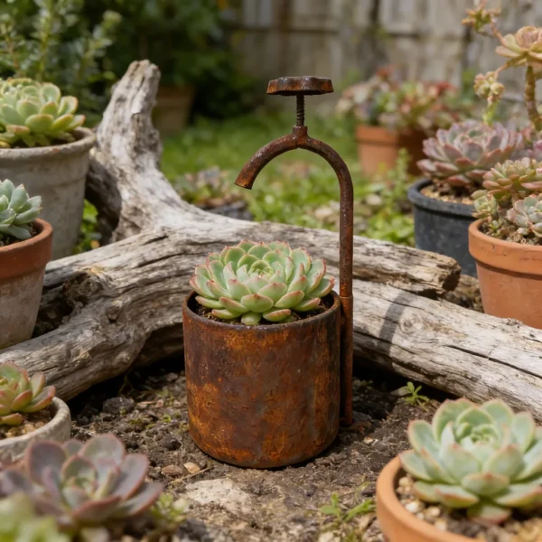 Rustic faucet shaped planter for garden flowers