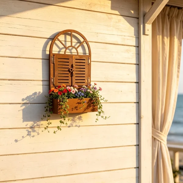 Rustic arched window wall planter for flowers