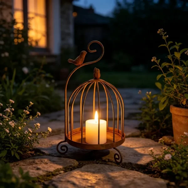 vintage distressed iron birdcage candle holder with bird ornament vintage distressed iron birdcage candle holder with bird ornament