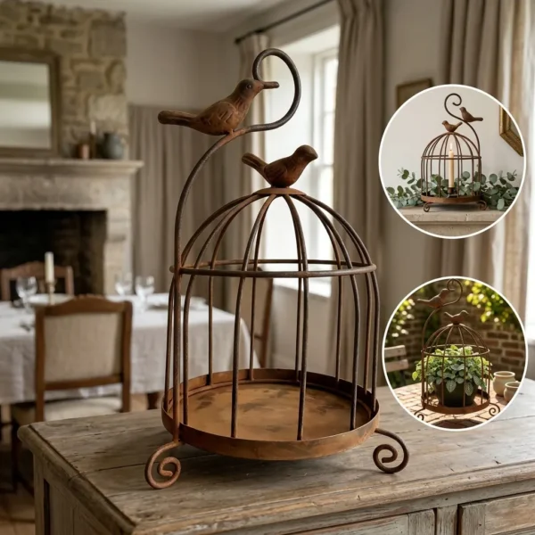 vintage distressed iron birdcage candle holder with bird ornament vintage distressed iron birdcage candle holder with bird ornament