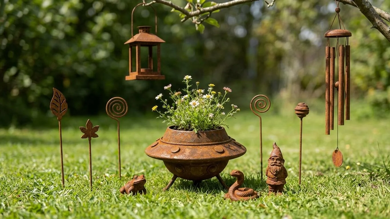 Rusty metal garden decor collection on grass