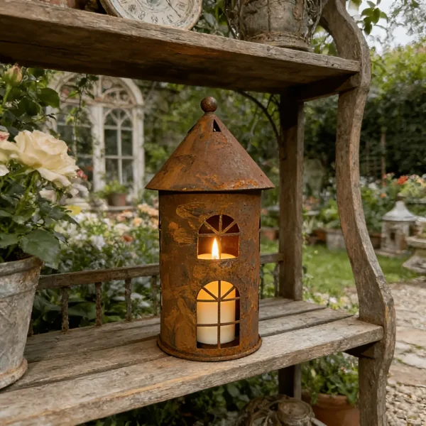 rustic house shaped metal lantern candle holder