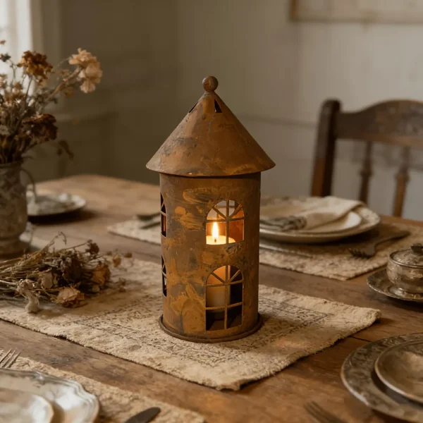 rustic house shaped metal lantern candle holder