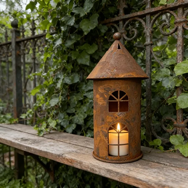 rustic house shaped metal lantern candle holder