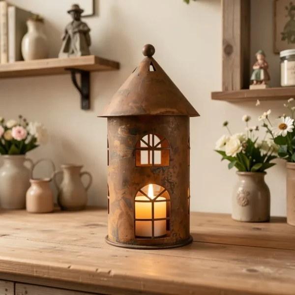 rustic house shaped metal lantern candle holder
