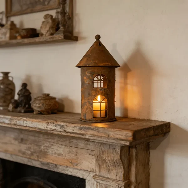 rustic house shaped metal lantern candle holder