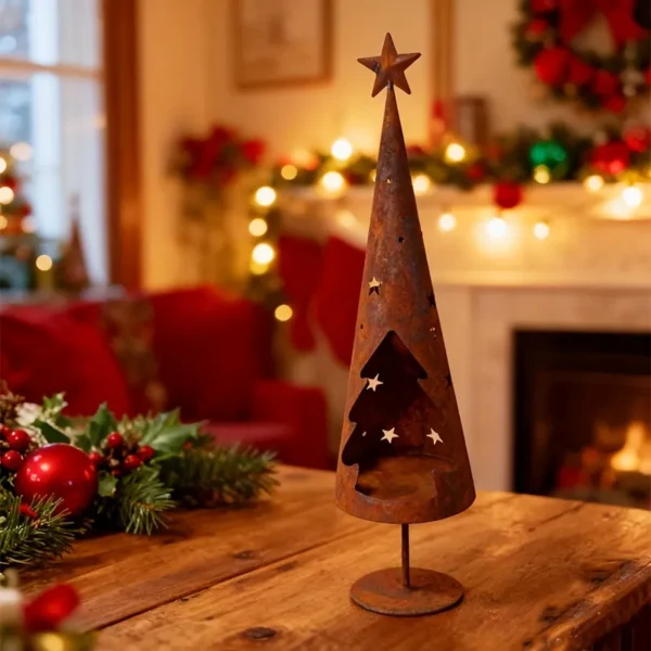 rustic metal christmas tree candle holder lantern for tabletop decor