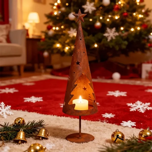 rustic metal christmas tree candle holder lantern for tabletop decor