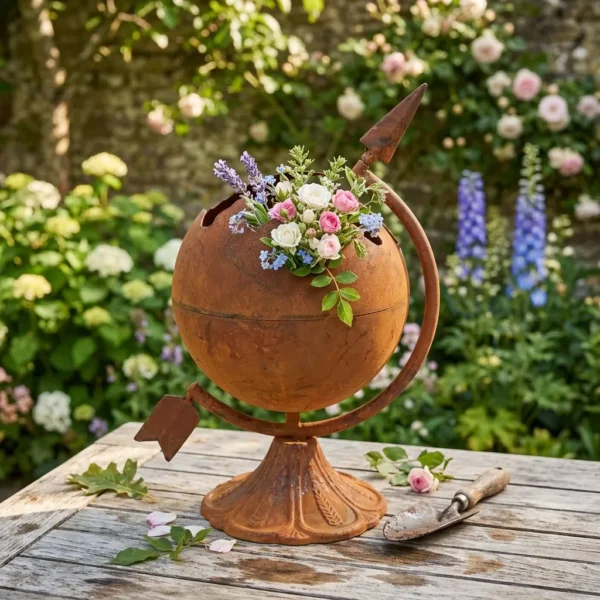 Rustic globe planter with flowers for garden decor