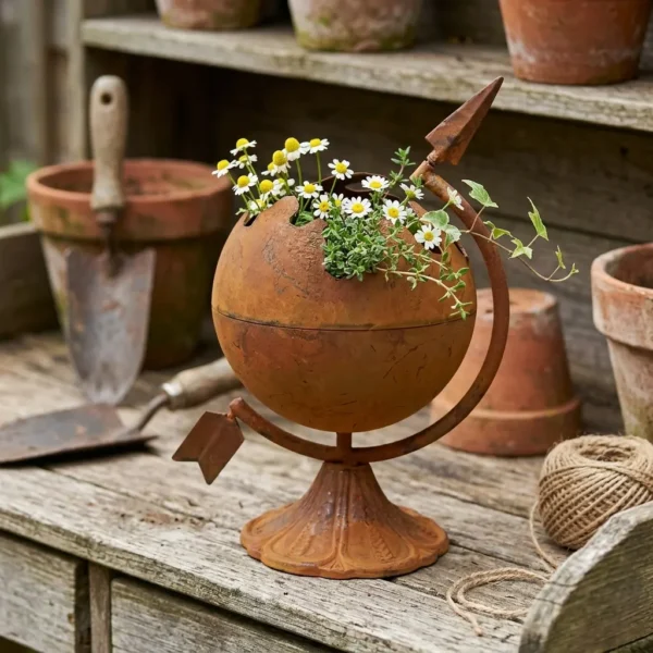 Rustic globe planter with flowers for garden decor