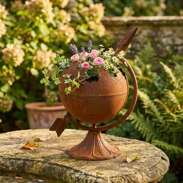 Rustic globe planter with flowers for garden decor