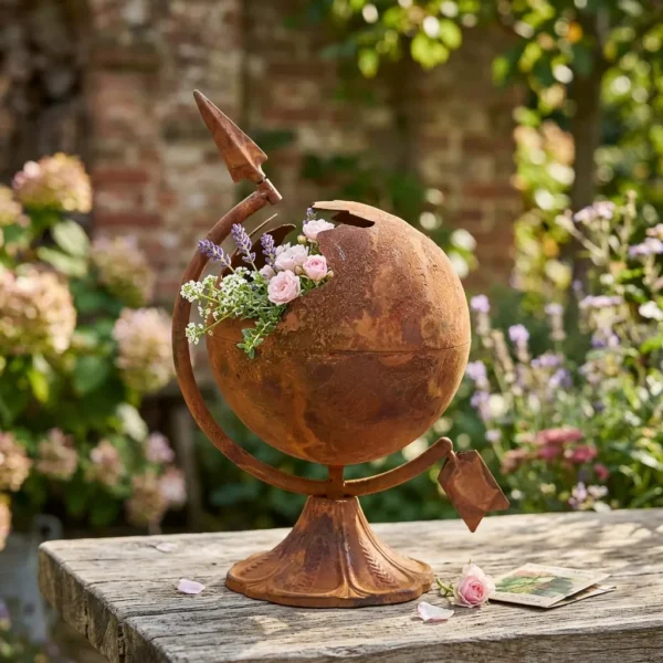 Rustic globe planter with flowers for garden decor