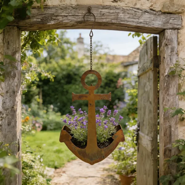 Rustic anchor hanging iron planter for garden and wall decor
