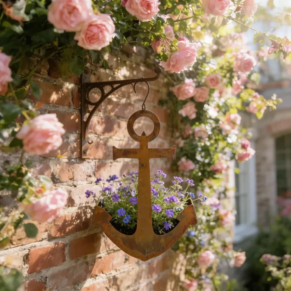 Rustic anchor hanging iron planter for garden and wall decor
