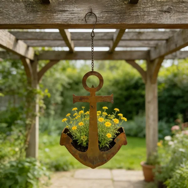 Rustic anchor hanging iron planter for garden and wall decor