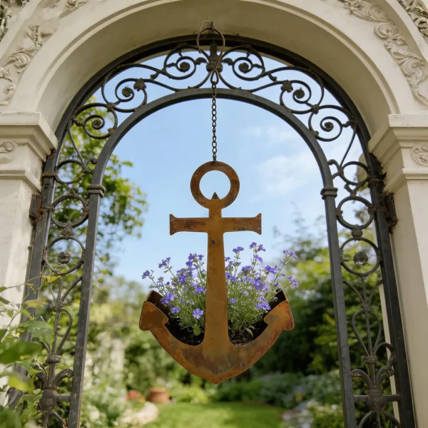 Rustic anchor hanging iron planter for garden and wall decor