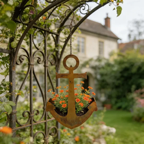 Rustic anchor hanging iron planter for garden and wall decor