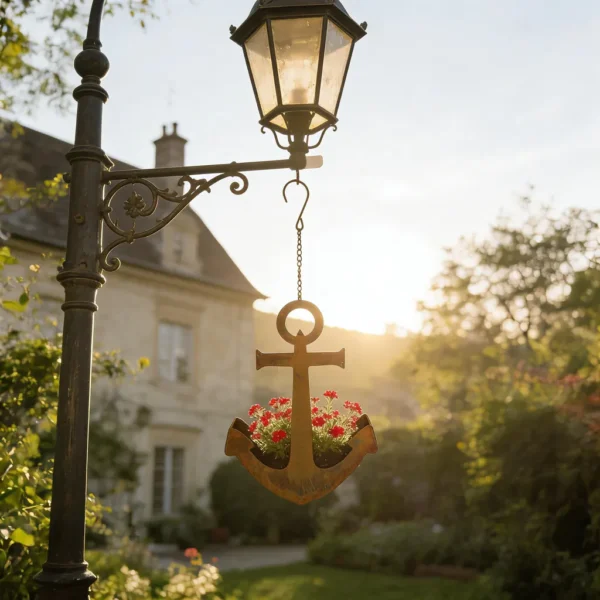 Rustic anchor hanging iron planter for garden and wall decor