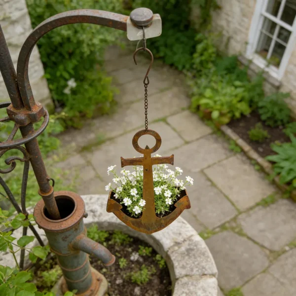 Rustic anchor hanging iron planter for garden and wall decor