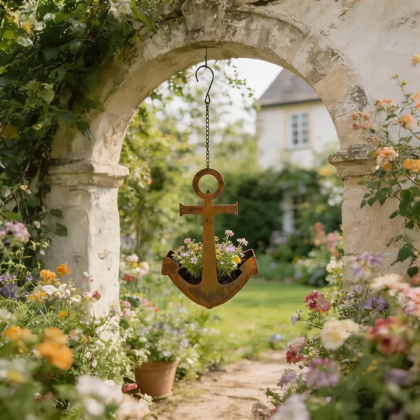 Rustic anchor hanging iron planter for garden and wall decor