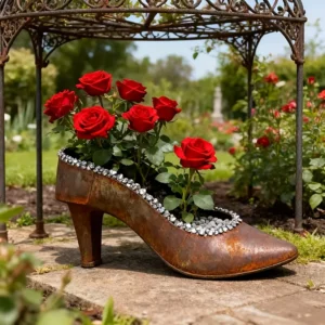 Rustic iron high heel shoe planter for garden and home decor
