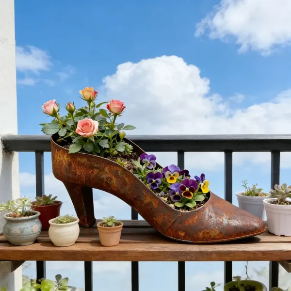 Rustic iron high heel shoe planter for garden and home decor