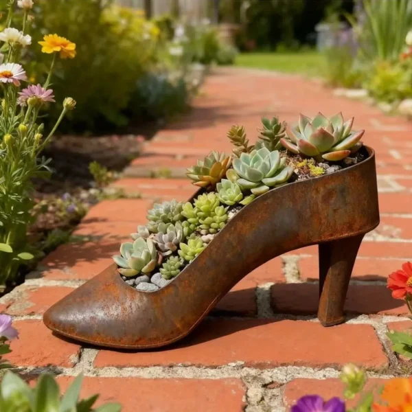 Rustic iron high heel shoe planter for garden and home decor