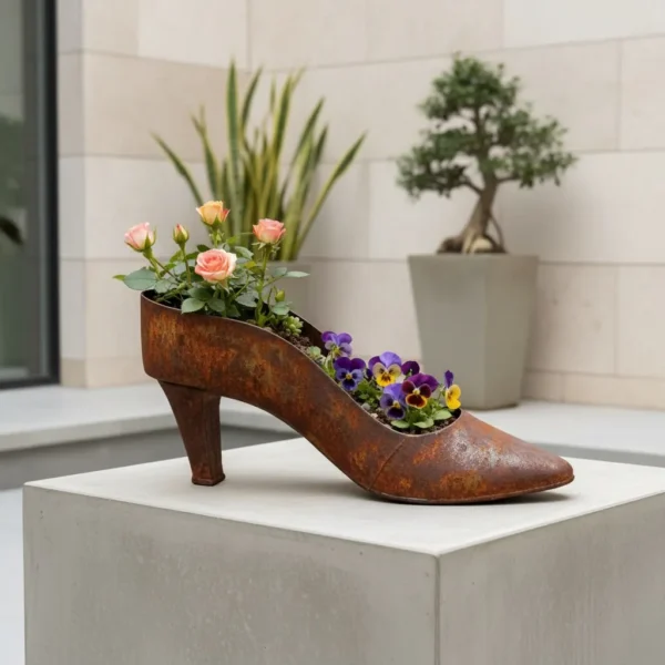 Rustic iron high heel shoe planter for garden and home decor