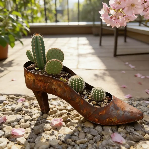 Rustic iron high heel shoe planter for garden and home decor