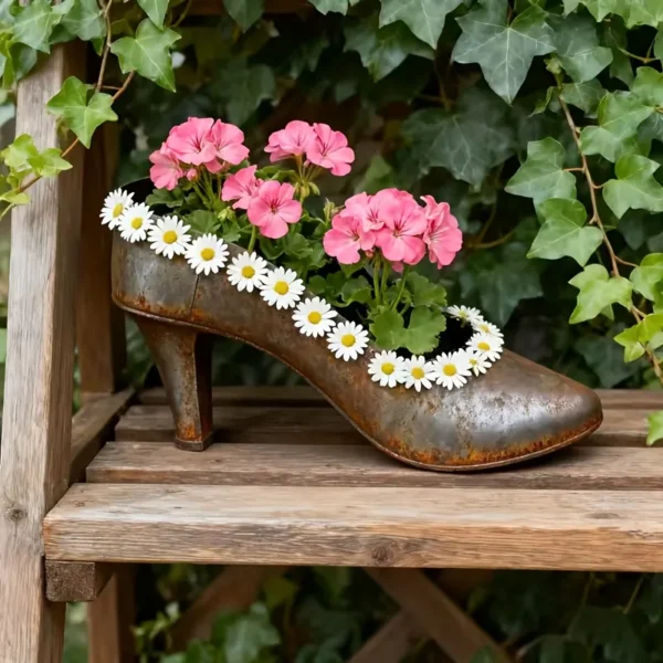 Rustic iron high heel shoe planter for garden and home decor