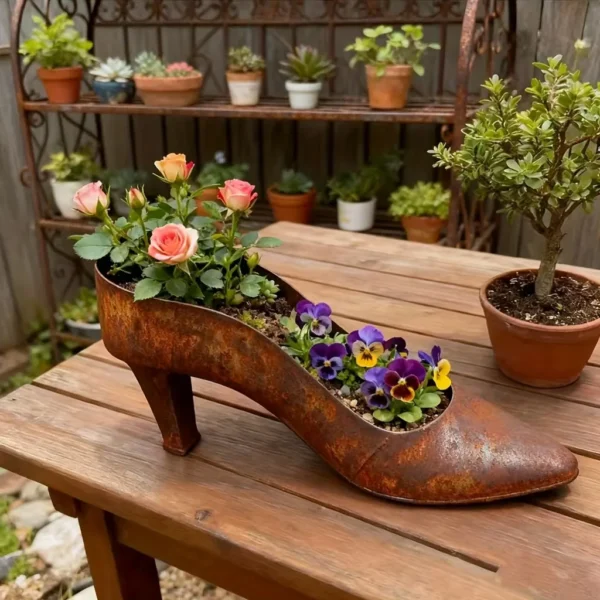 Rustic iron high heel shoe planter for garden and home decor