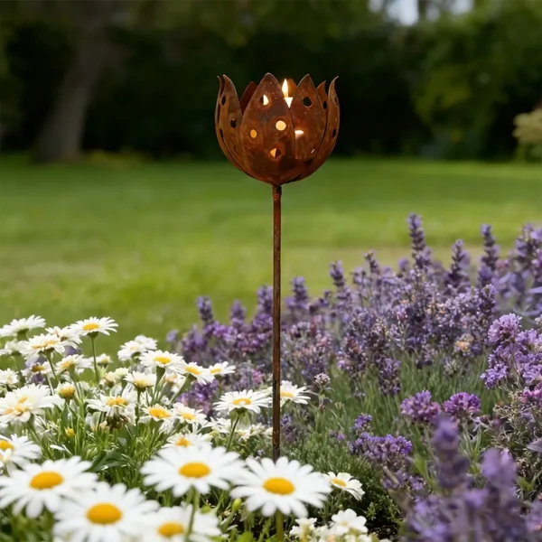 temu-lotus-ground-candle-holder-04 Rustic lotus flower ground stake candle holder for garden decor