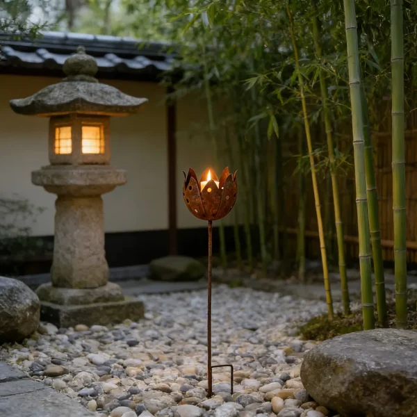 temu-lotus-ground-candle-holder-08 Rustic lotus flower ground stake candle holder for garden decor