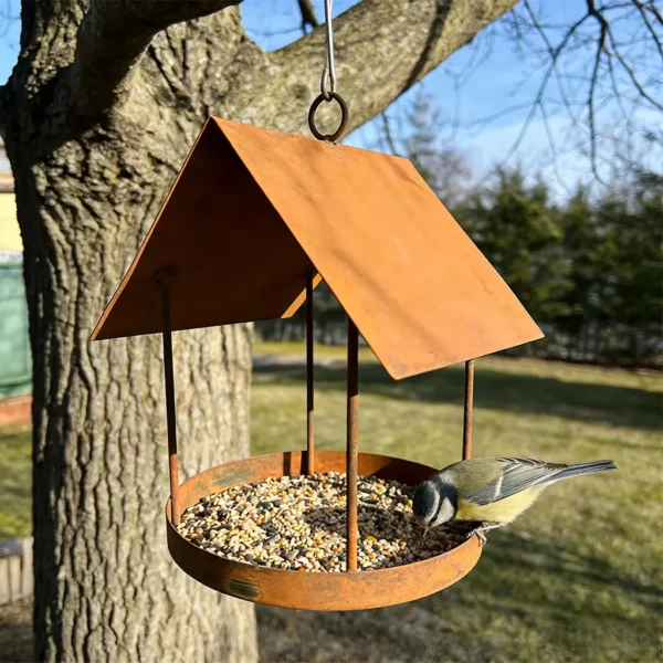 Rustic roof style iron bird feeder for hanging garden decor