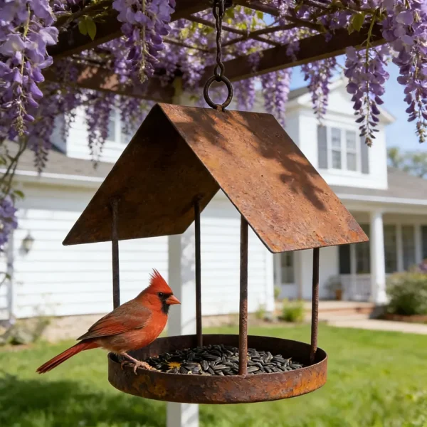 Rustic roof style iron bird feeder for hanging garden decor