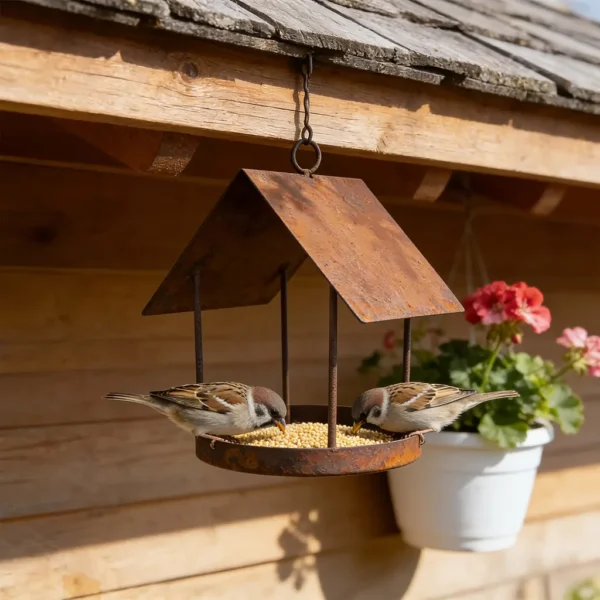 Rustic roof style iron bird feeder for hanging garden decor