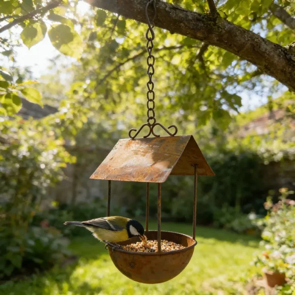 Rustic house iron bird feeder with chain for garden decor
