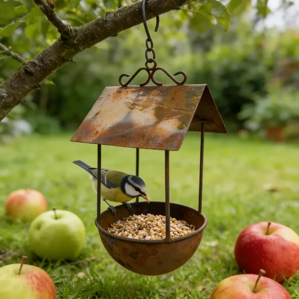 Rustic house iron bird feeder with chain for garden decor