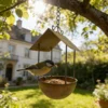 Rustic house iron bird feeder with chain for garden decor