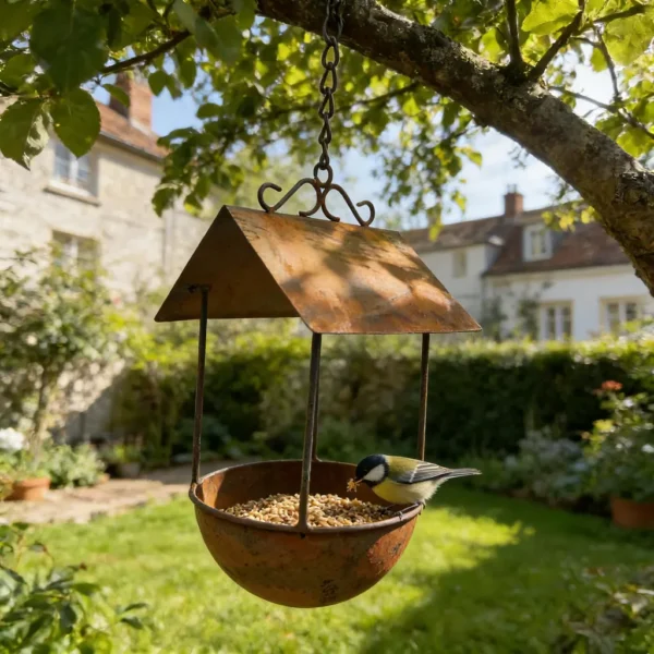 Rustic house iron bird feeder with chain for garden decor
