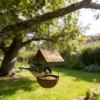 Rustic house iron bird feeder with chain for garden decor